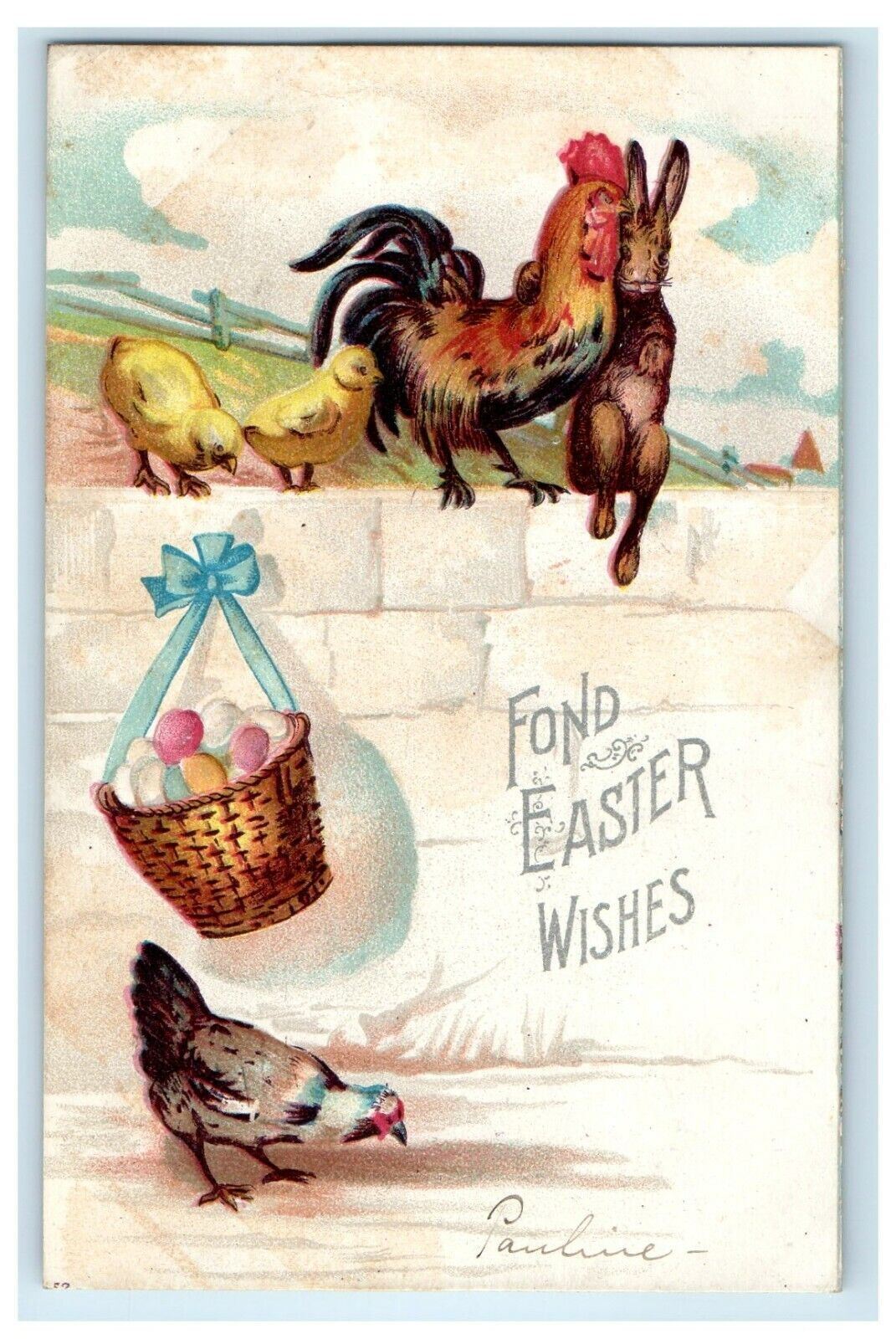 1907 Easter Chic Chicken Rooster Rabbit Basket With Eggs Clapsaddle (?) Postcard