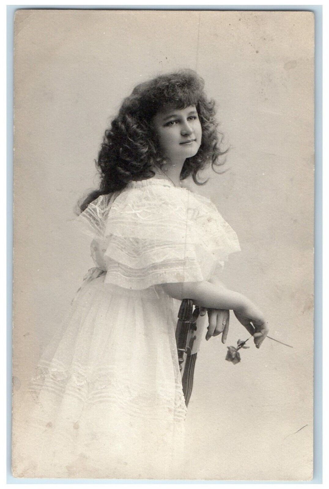 Pretty Woman Curly Hair Flower Studio Portrait Rochester NY RPPC Photo Postcard