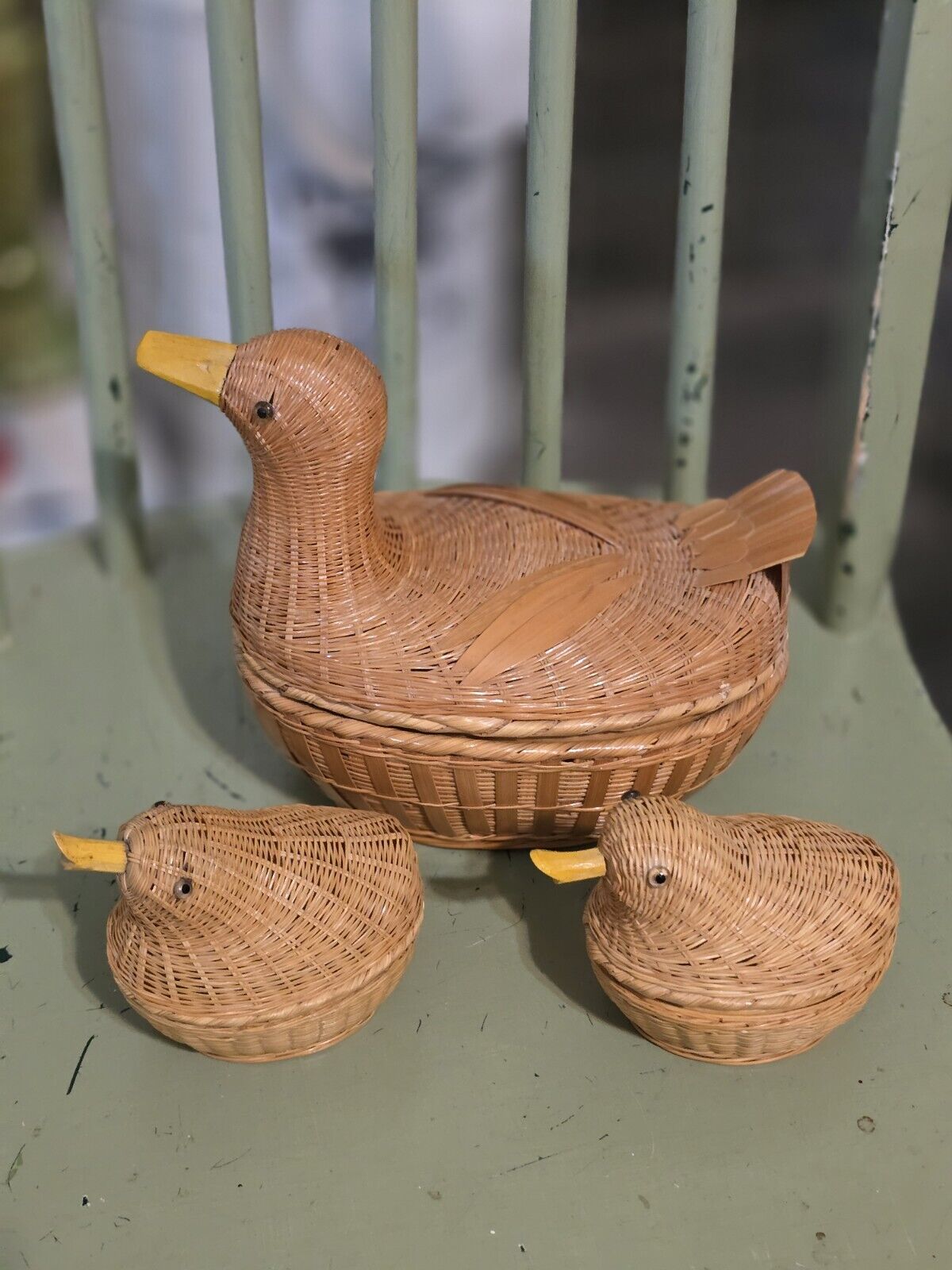 Vintage Wicker Duck Basket Set of 3, Large Duck & 2 Small Ducks. Lillian Vernon