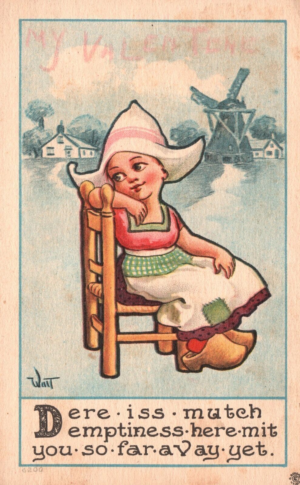Vintage Postcard My Valentine Baby Girl on Chair There\'s Much Emptiness Here