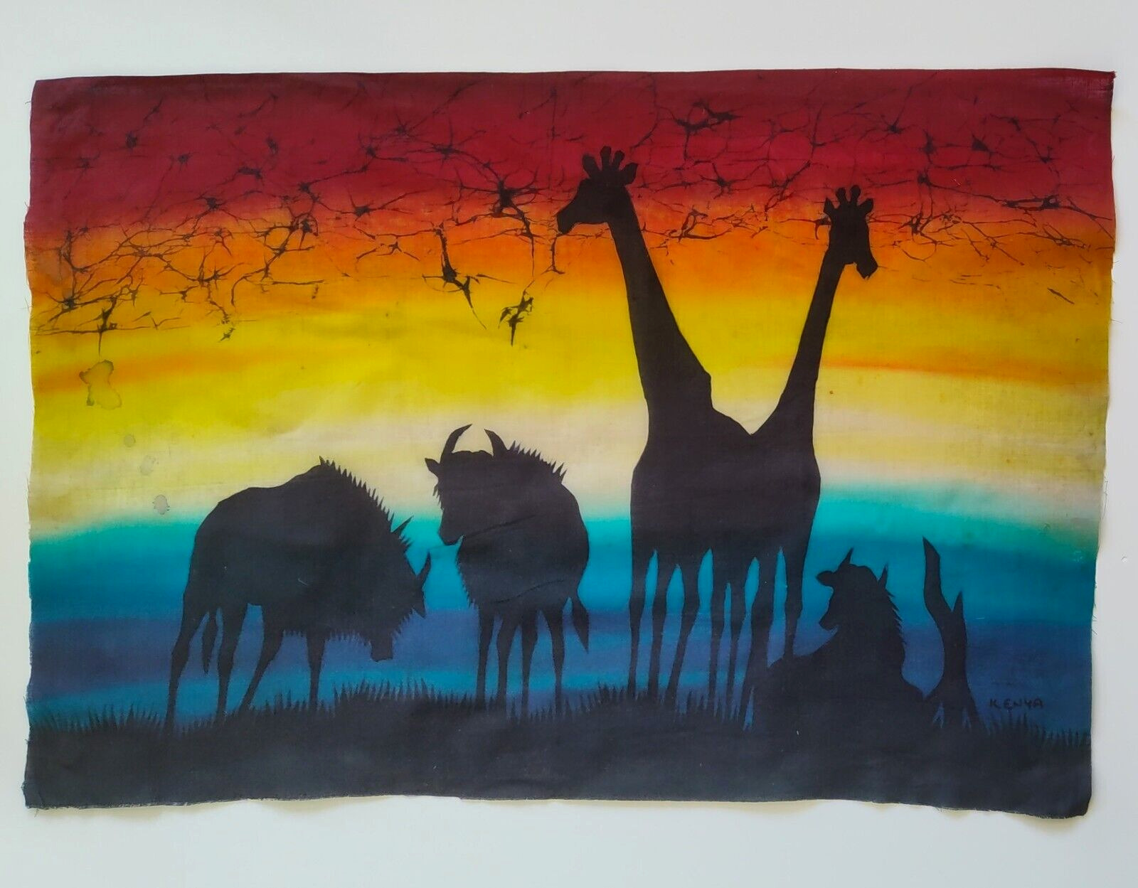 Vtg Batik Wax Cloth Rainbow Art African Wildebeest Giraffes Kenya Sunrise Sunset