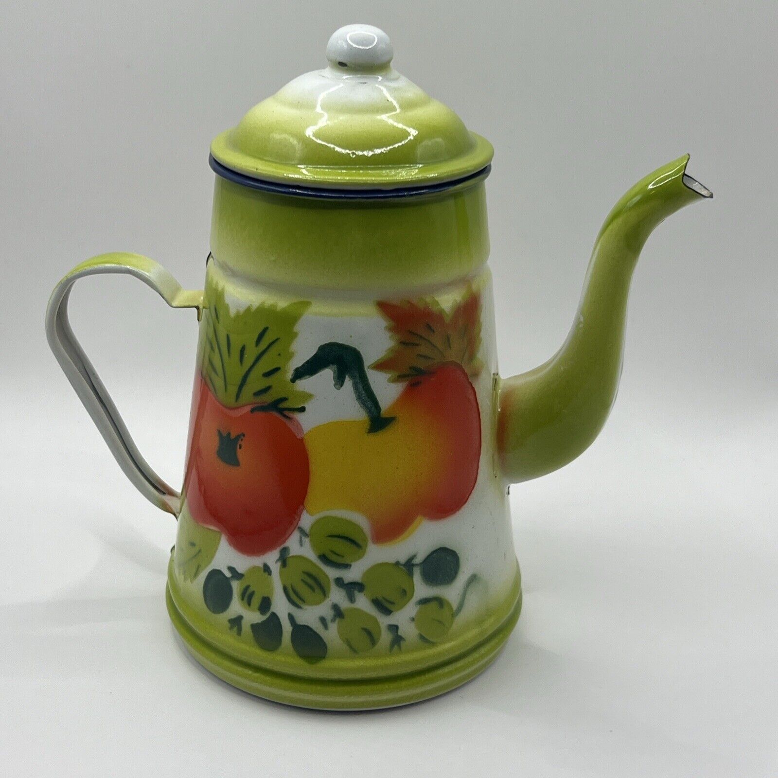 Vintage 60’s Metal Enamel Enamelware Pitcher Teapot Fruit Decoration