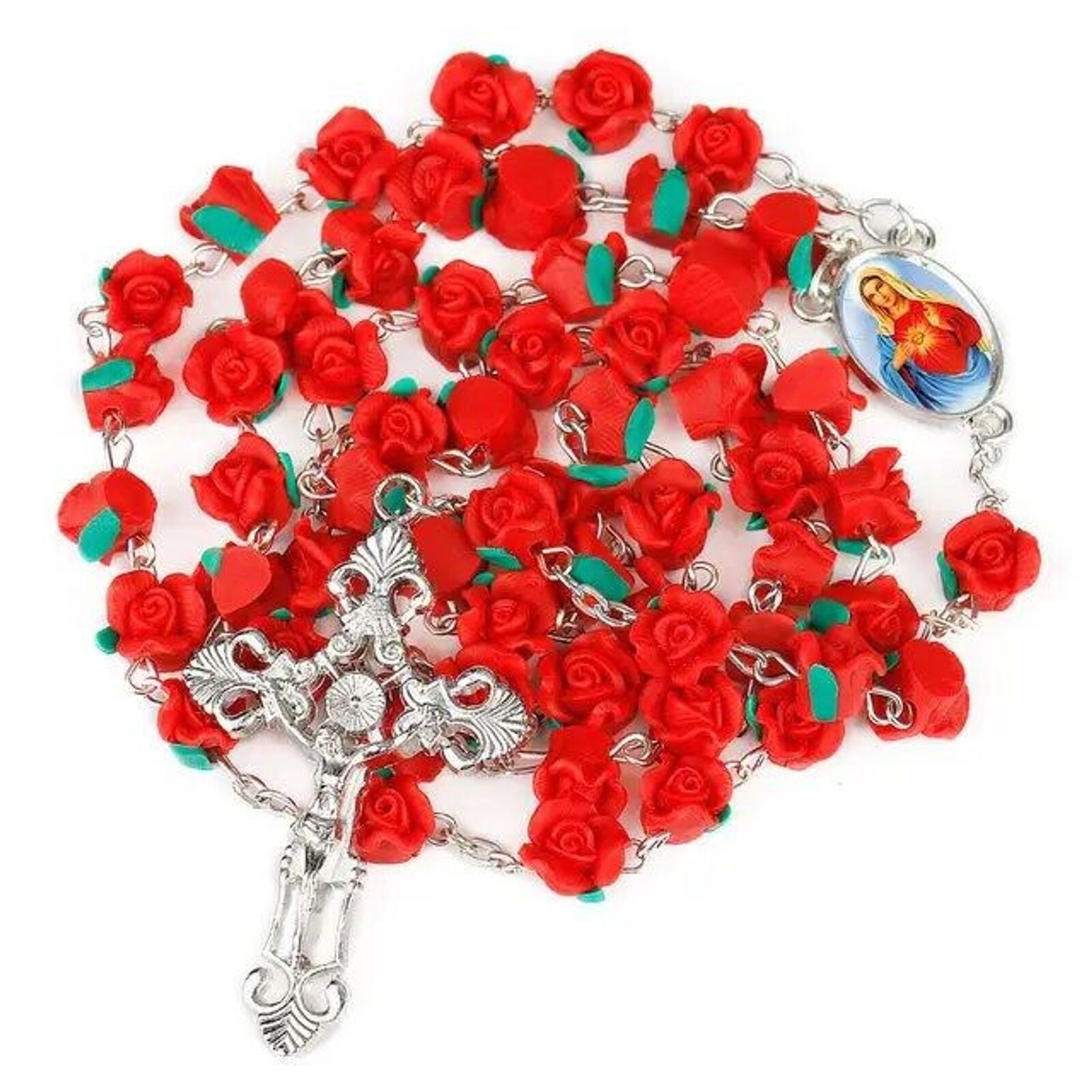 Rose Beaded Catholic Rosary, the Immaculate Heart of Mary