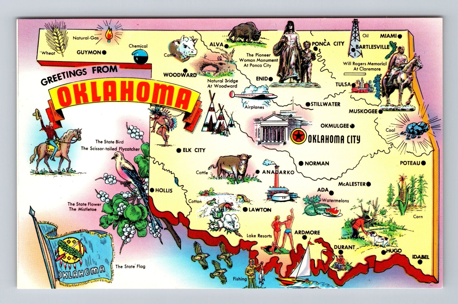OK-Oklahoma, General Map Greetings, Landmarks, Antique, Vintage Postcard