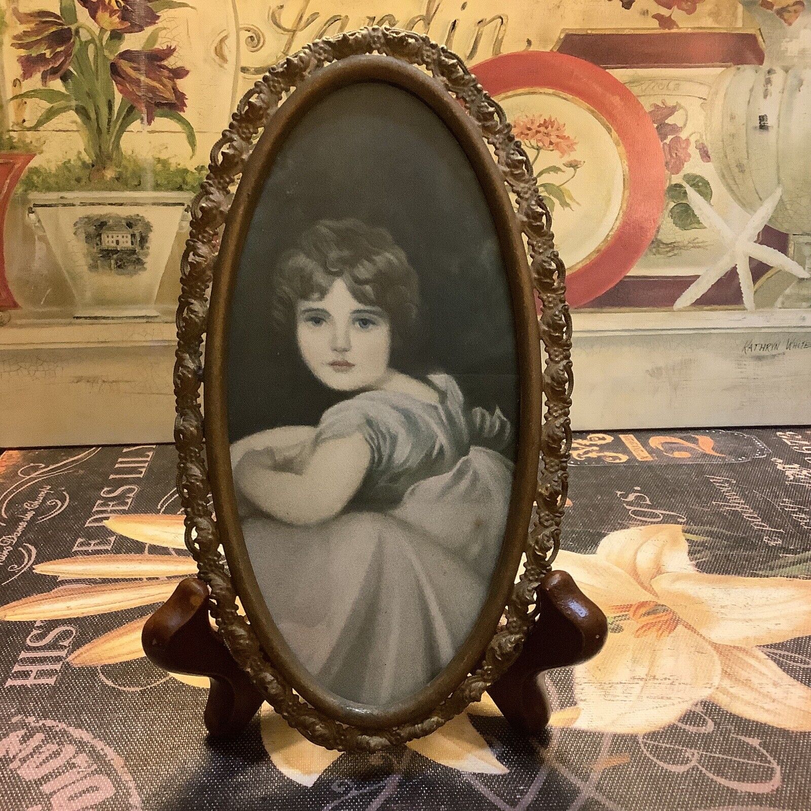 Antique Small Oval  Brass Detailed Frame~w/Lithograph Of A Girl~Brass Back~NICE