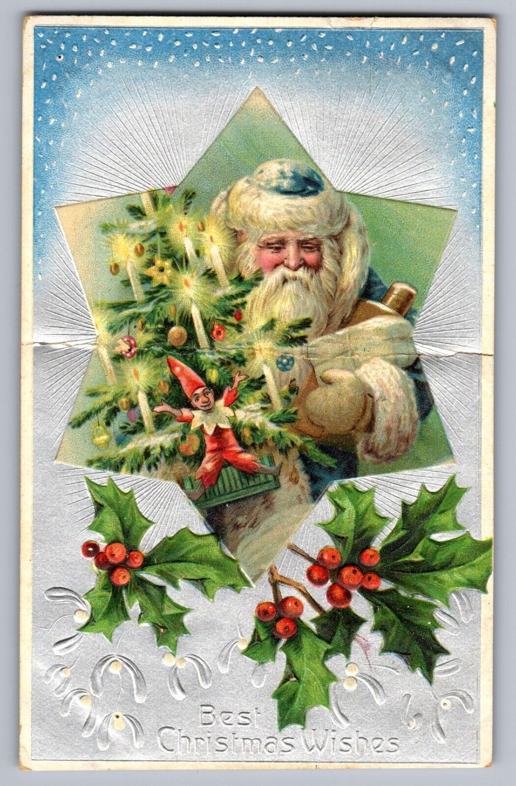 1908 BLUE ROBE SANTA HOLDING CHRISTMAS TREE CANDLES SILVER XMAS Postcard P46