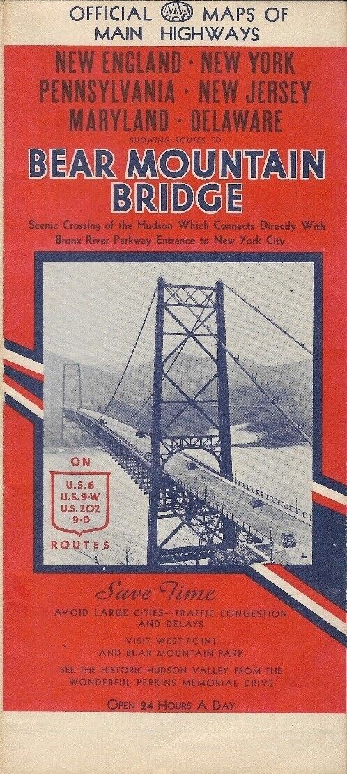 Vintage 1937 BEAR MOUNTAIN BRIDGE Road Map New York Northeast West Point AAA