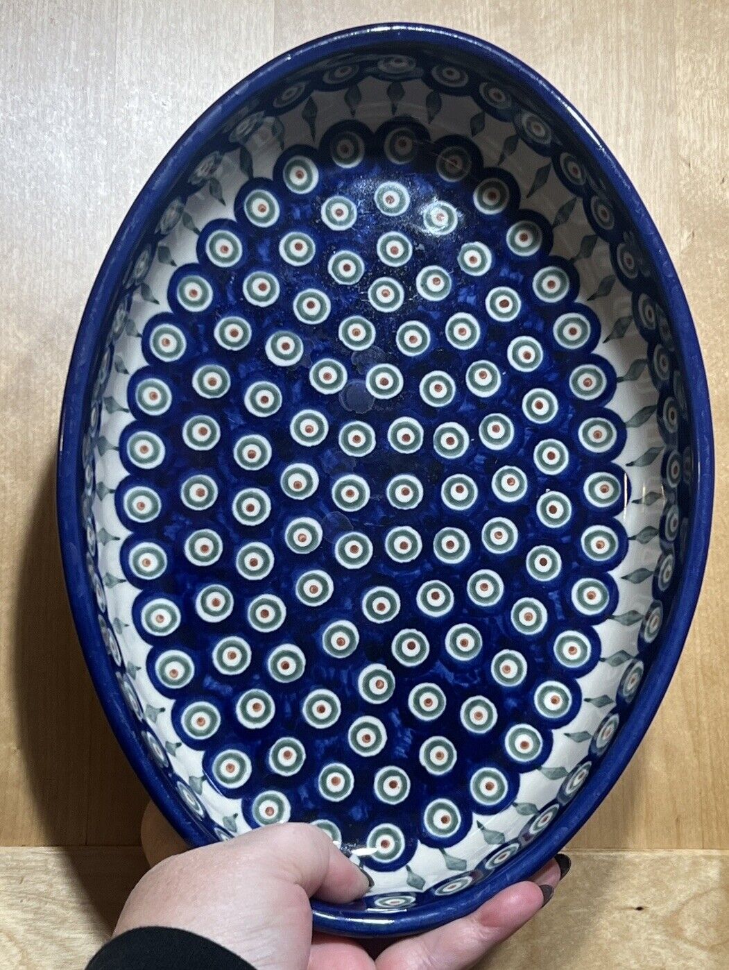 Vintage Boleslawiec Polish Pottery Oval Baking Dish Blue Peacock Eye Pattern