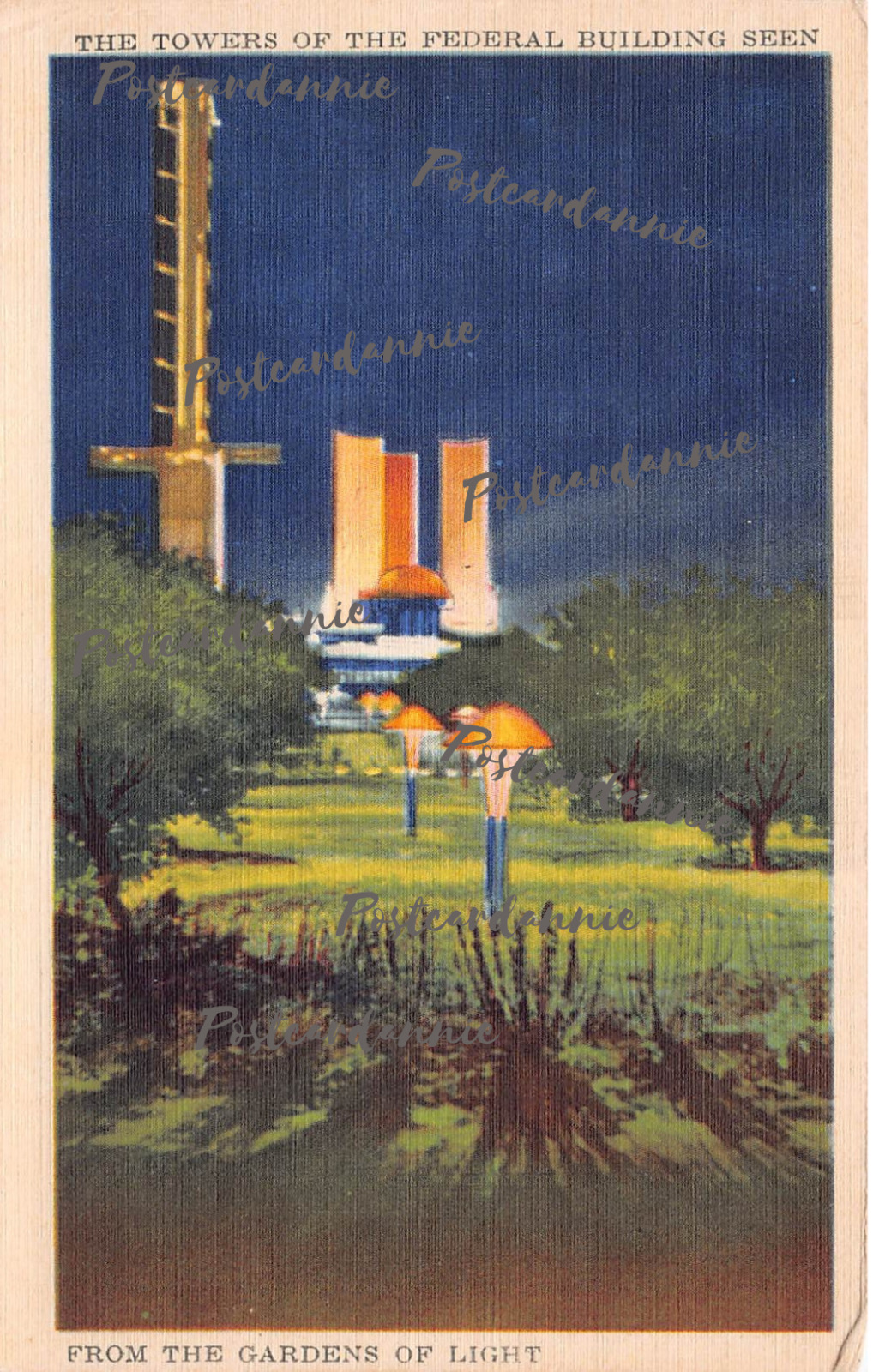 Chicago World Fair 1933 Federal Building Gardens of Light Linen Vtg Postcard B50