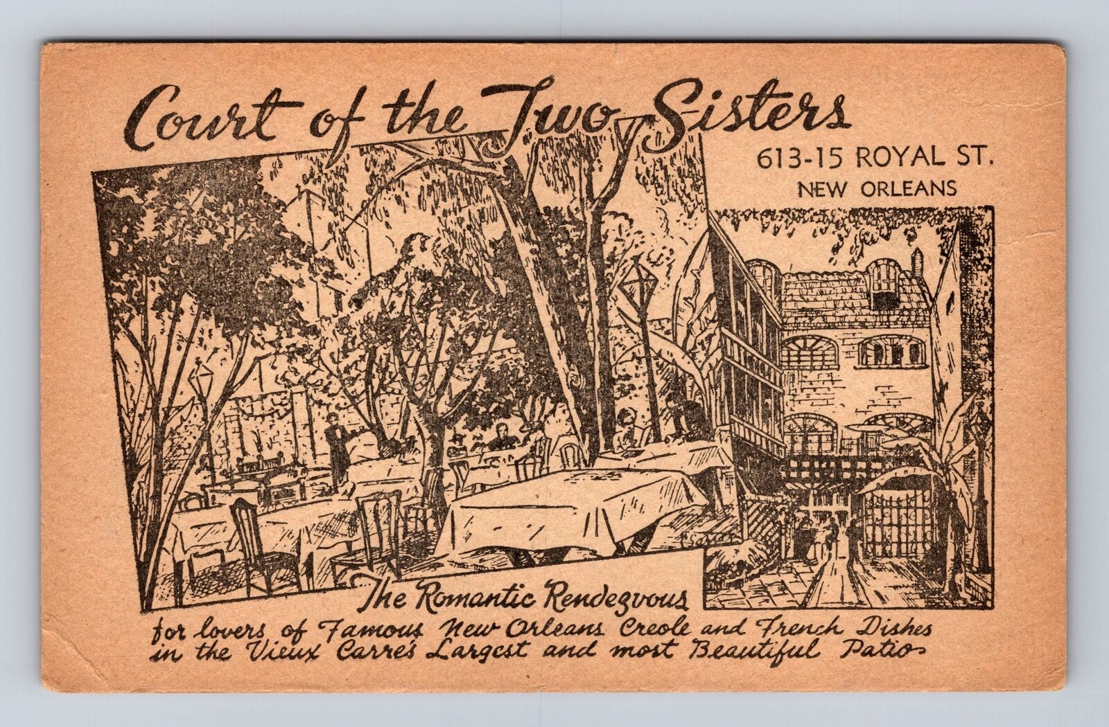 New Orleans LA- Louisiana, Court Of The Two Sisters, Vintage c1945 Postcard