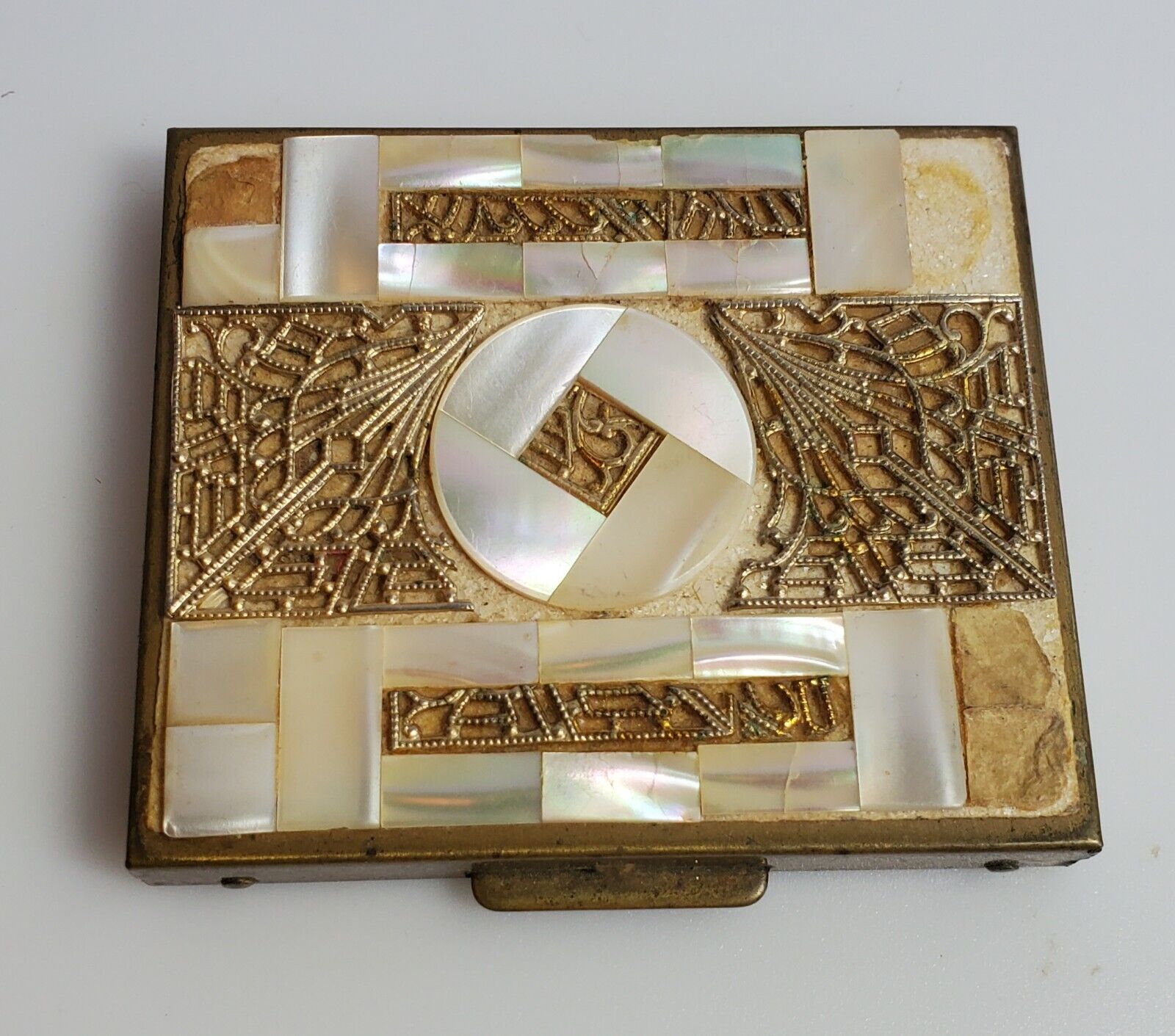 Vintage Compact Mirror Mother Of Pearl Gold Tone Filigree Makeup Powder Case