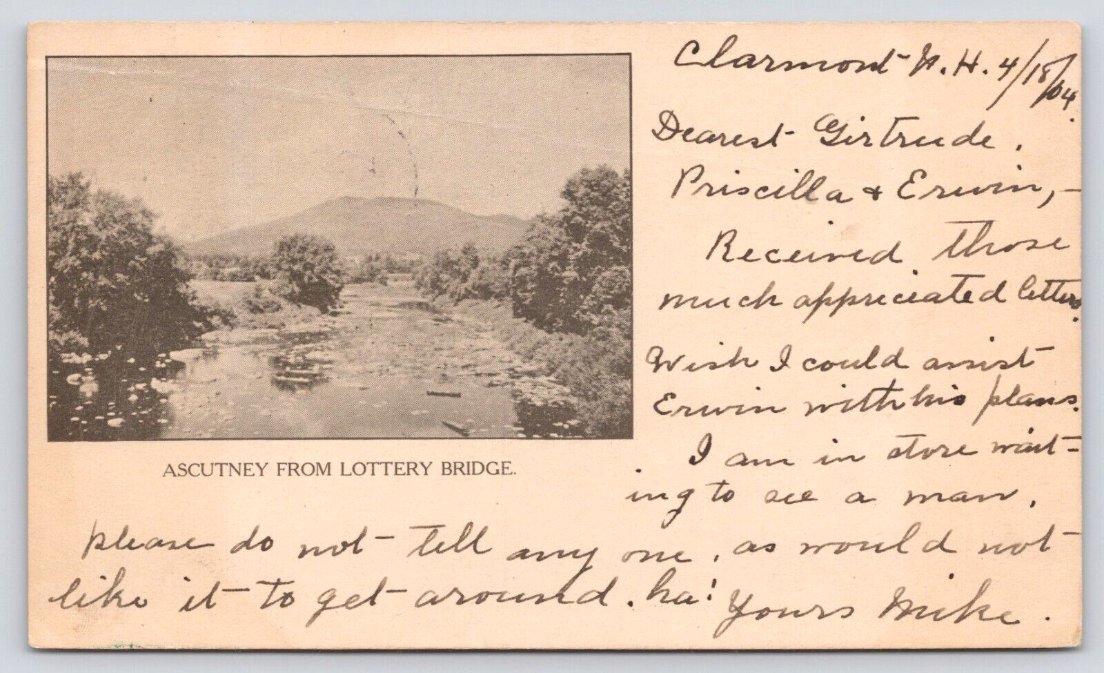 Postcard Claremont NH Ascutney Mt from Lottery Bridge Private Mailing Card