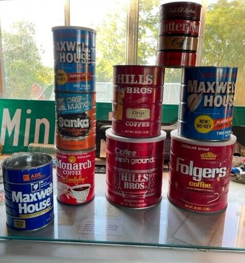 Lot of 9 Vintage Coffee Can Tins, Folgers, Maxwell House, Hills Bros, &Butternut