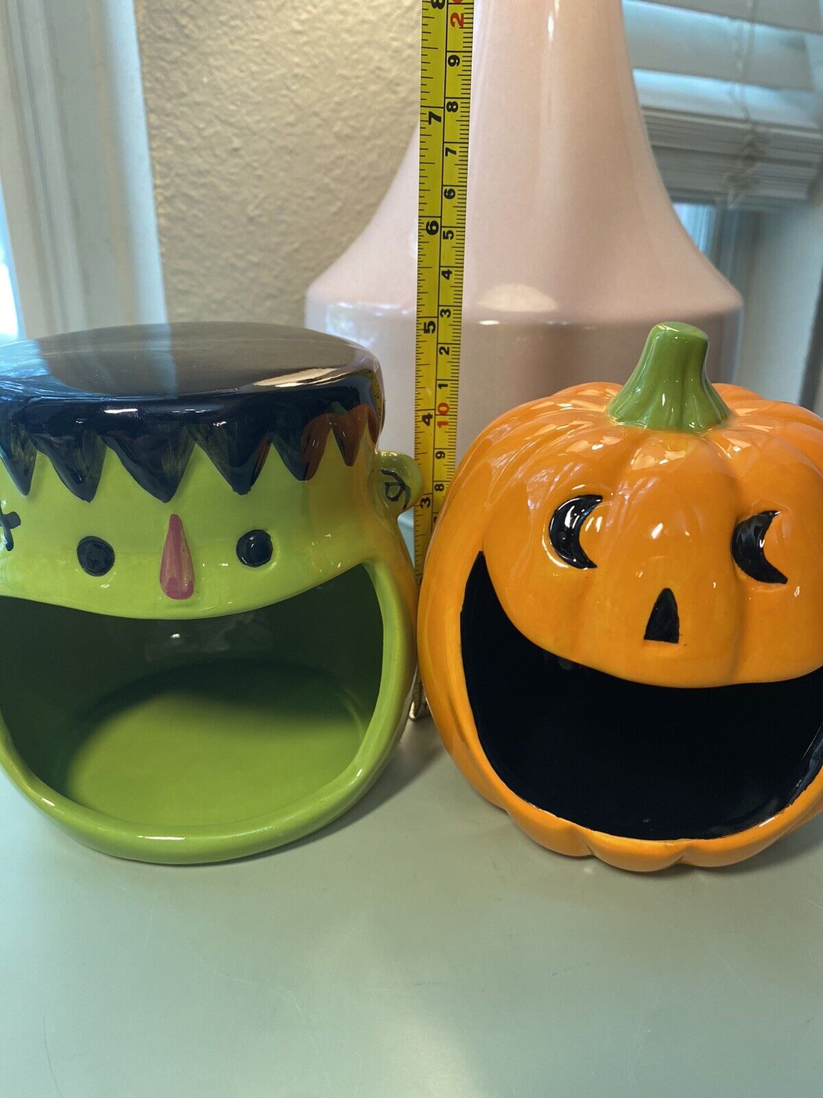 Friendly Frankenstein And Jack-o-Lantern Open Mouth Candy Dishes Halloween
