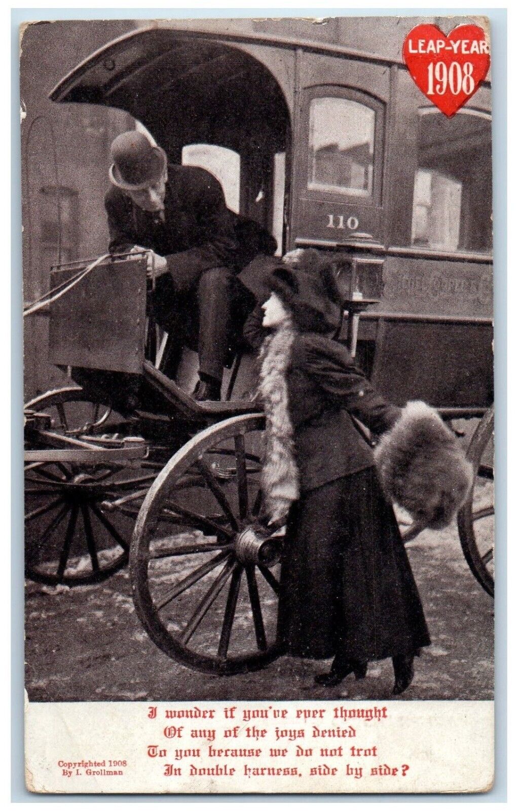1908 Leap Year Women Handwarmer Horse Carriage Posted Antique Postcard