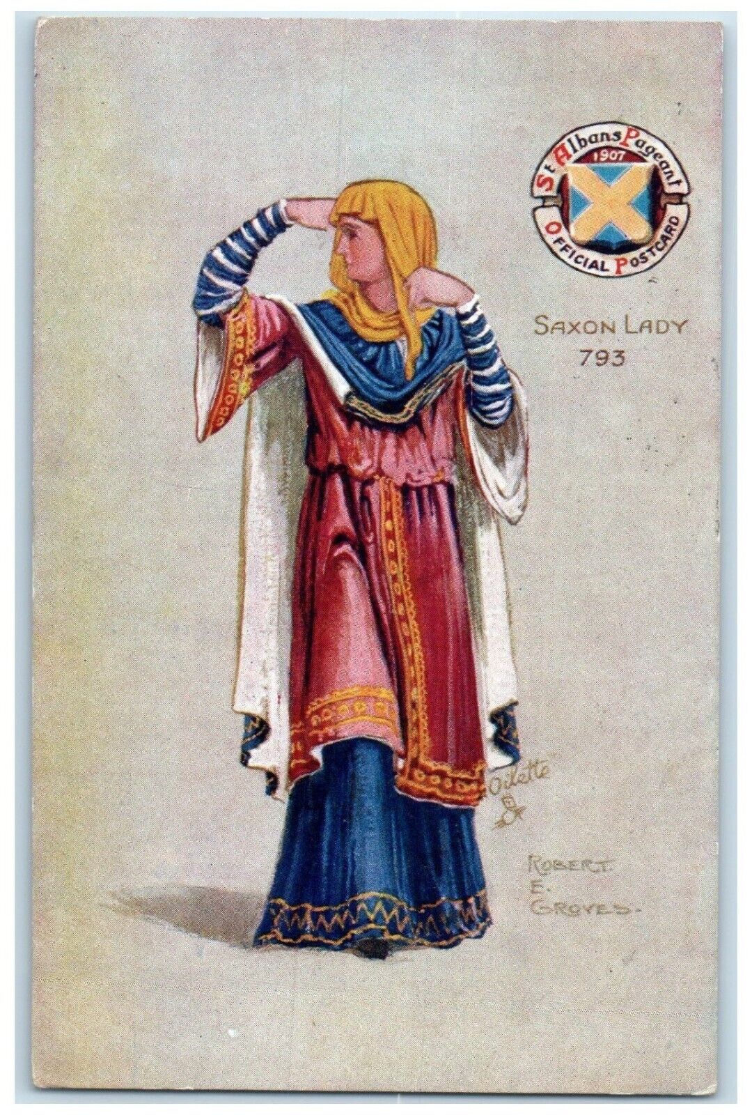 1909 Saxon Lady Robert Groves St. Albans Pageant Oilette Tuck\'s Antique Postcard