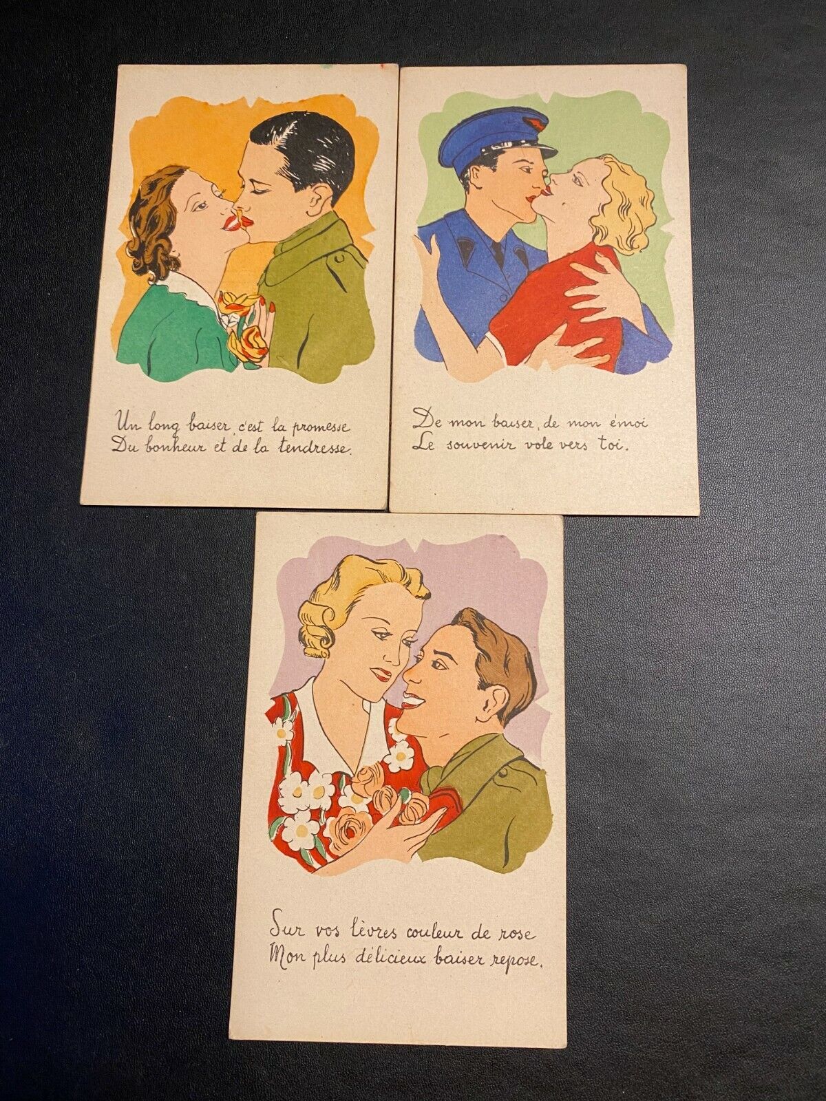 3 Vtg Fabrication Francaise E.R Paris Post Cards ~ Woman w/Military Men ~