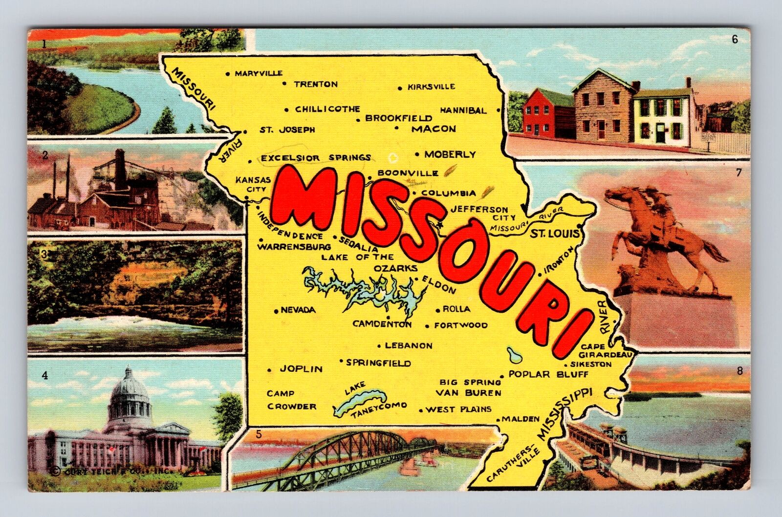 Missouri State Map, Mining District, Capitol, Bridge, Dam, Vintage Postcard