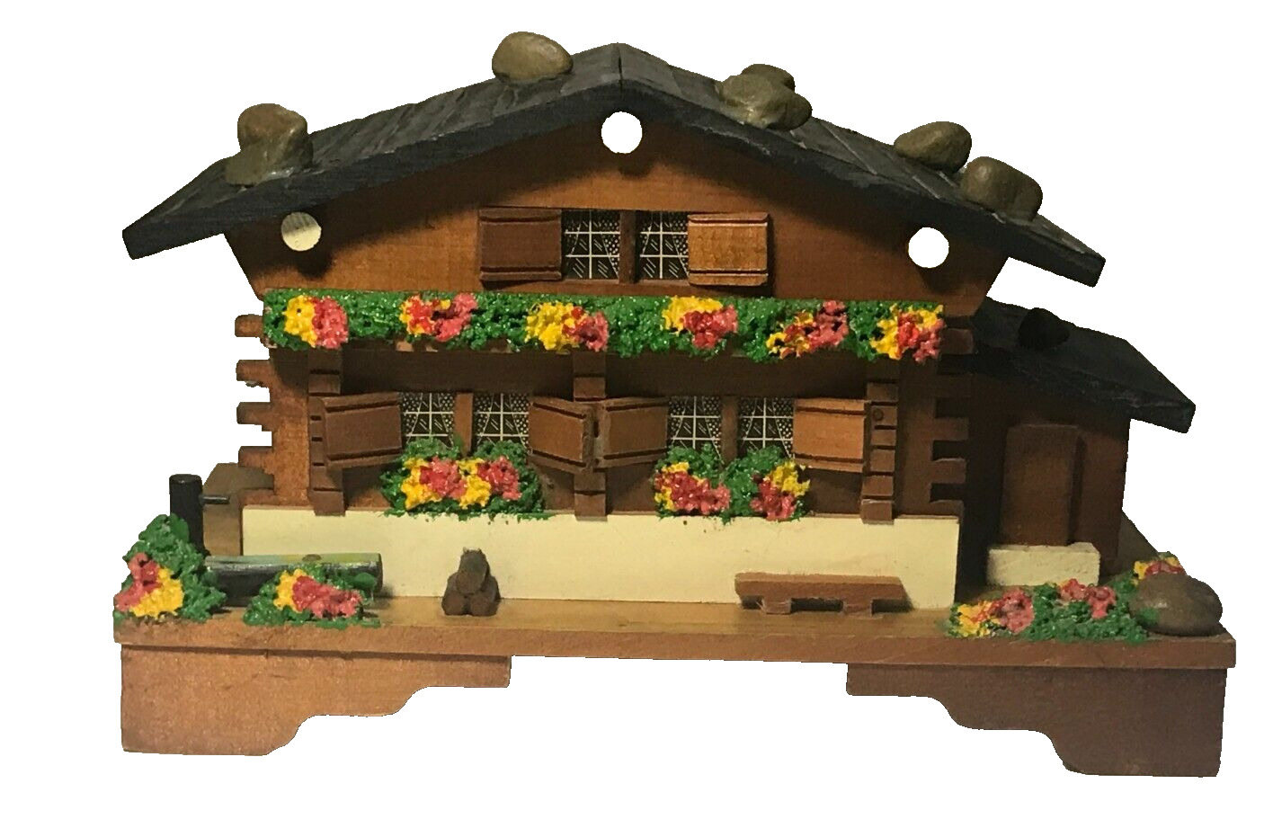 Vintage Cuendet Swiss Wooden Chalet  House Music Box/Jewelry Box