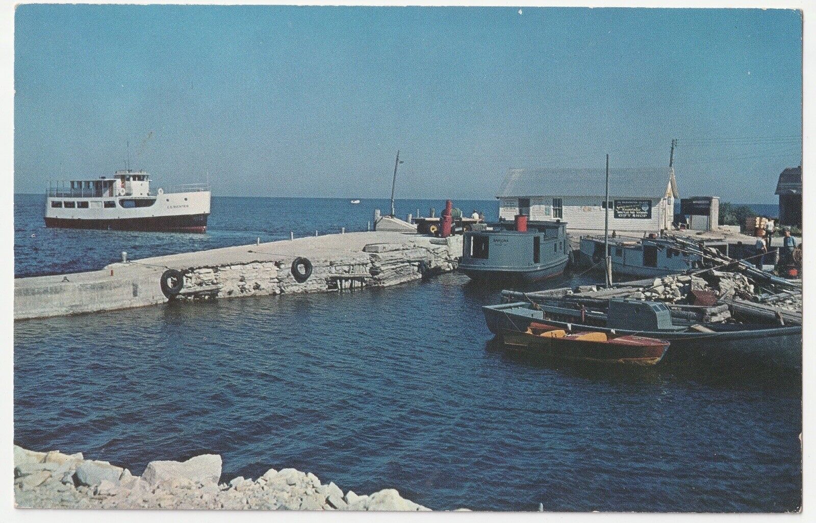c1950s Fisherman’s Wharf Gills Rock Boats Liberty Grove Wisconsin WI Postcard