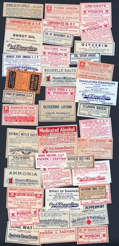 Antique Pharmacy Labels RX Medicine 1880\'s to 1940\'s Vintage Poison Drugstore