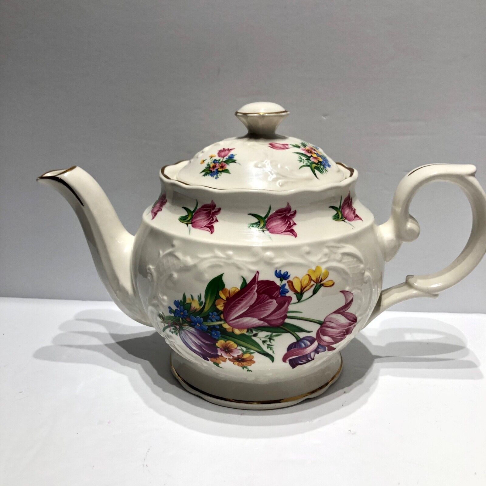 Beautiful Floral Ceramic Tea Pot Vintage Crown Dorset Gold Trim Nice Gift Decor