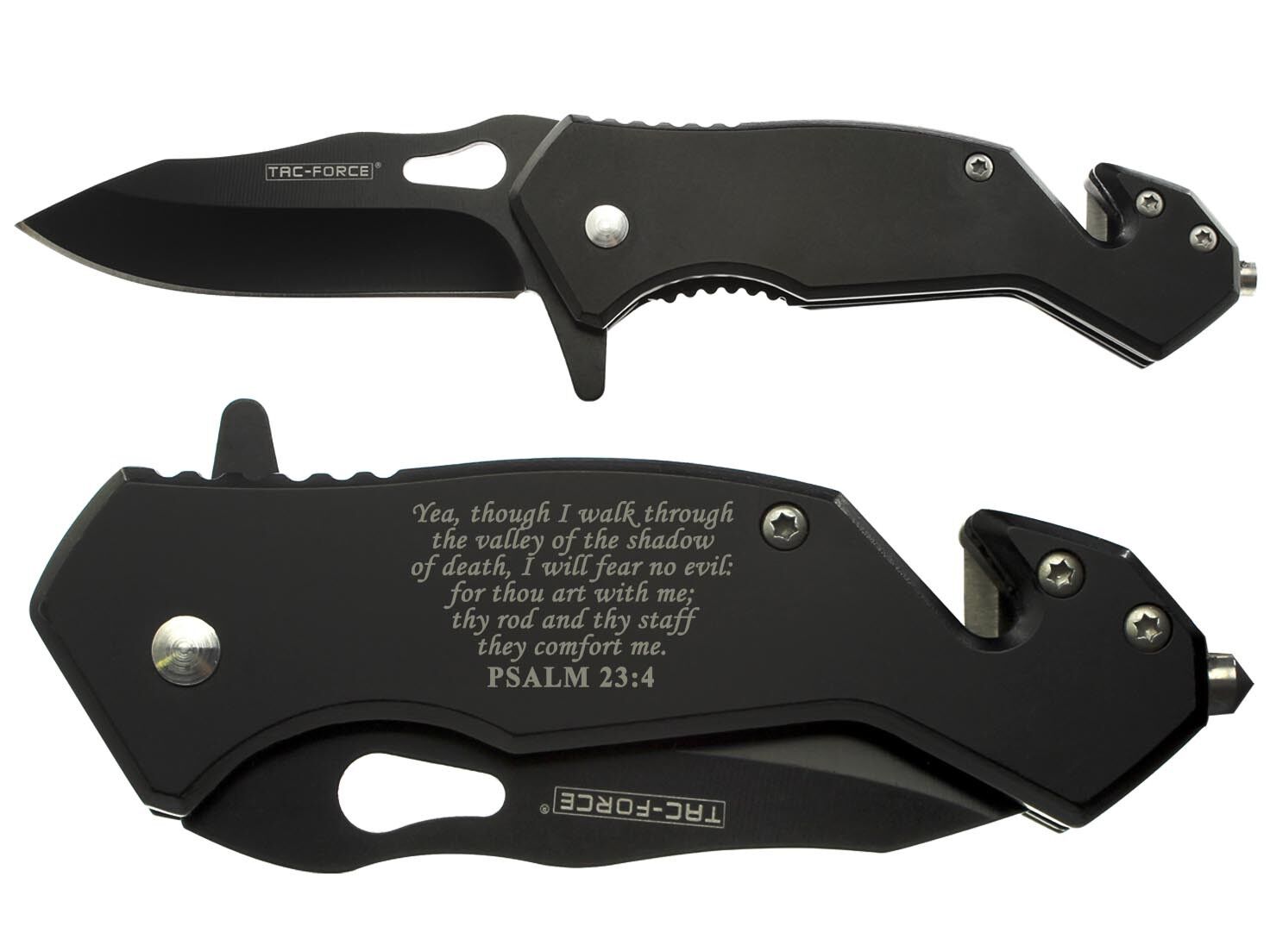 Rescue Knife 6.5\'\' Glass Breaker Cutter Tac-Force Black Bible Psalm 23:4