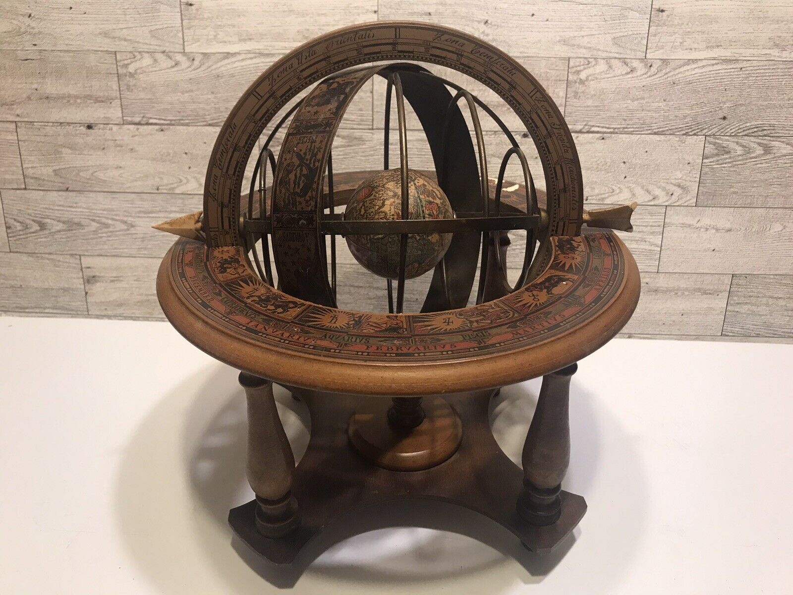 Vintage Sphere Globe in Wooden Stand Nautical Decor Astrology Zodiac Display