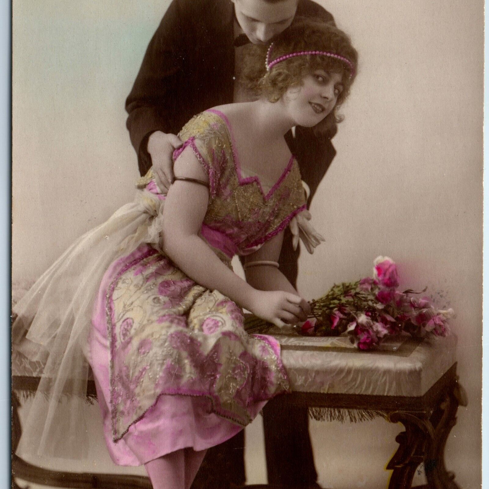 c1910s French Romantic Man Woman RPPC Hand Colored Real Photo Love Flower A149