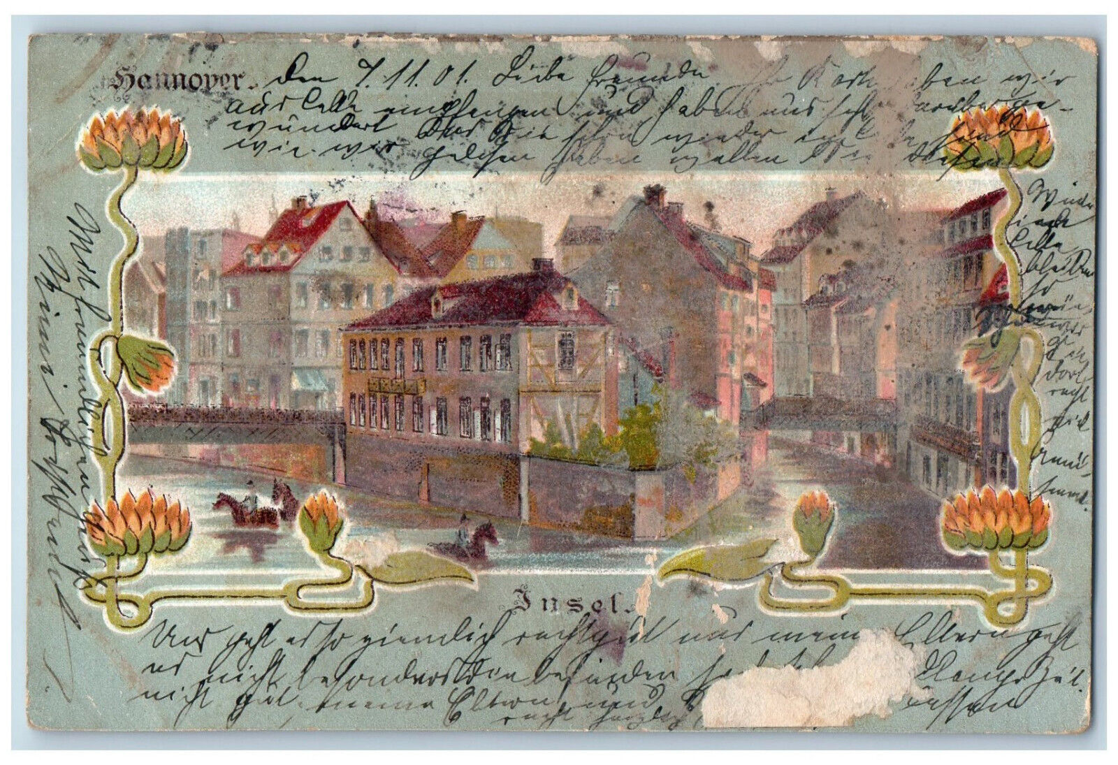 Hanover Germany Postcard Insel Buildings Bridge Canal View 1901 Antique Posted