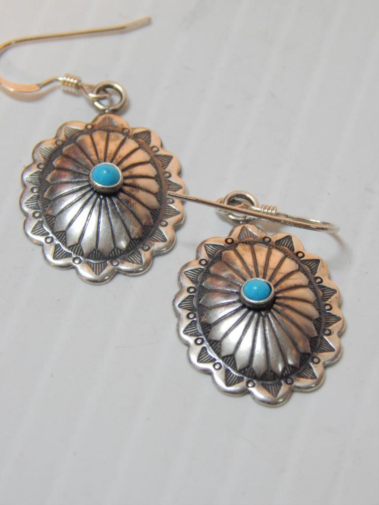 FINE VINTAGE NAVAJO INDIAN STERLING SILVER TURQUOISE CONCHO DANGLER EARRINGS