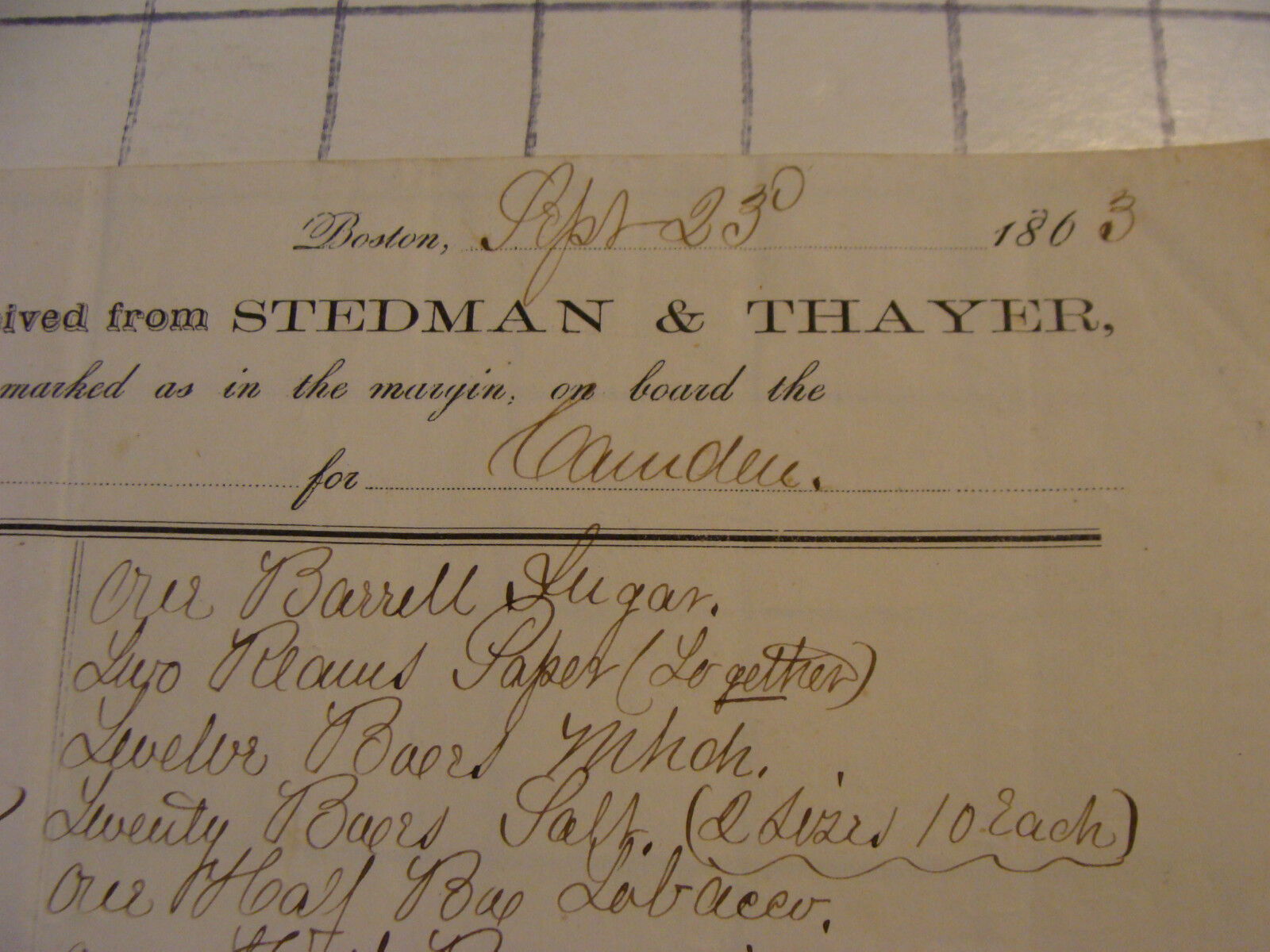 Vintage Original Paper:1863 RECEIVED FROM stedman & thayer boston from SHIP