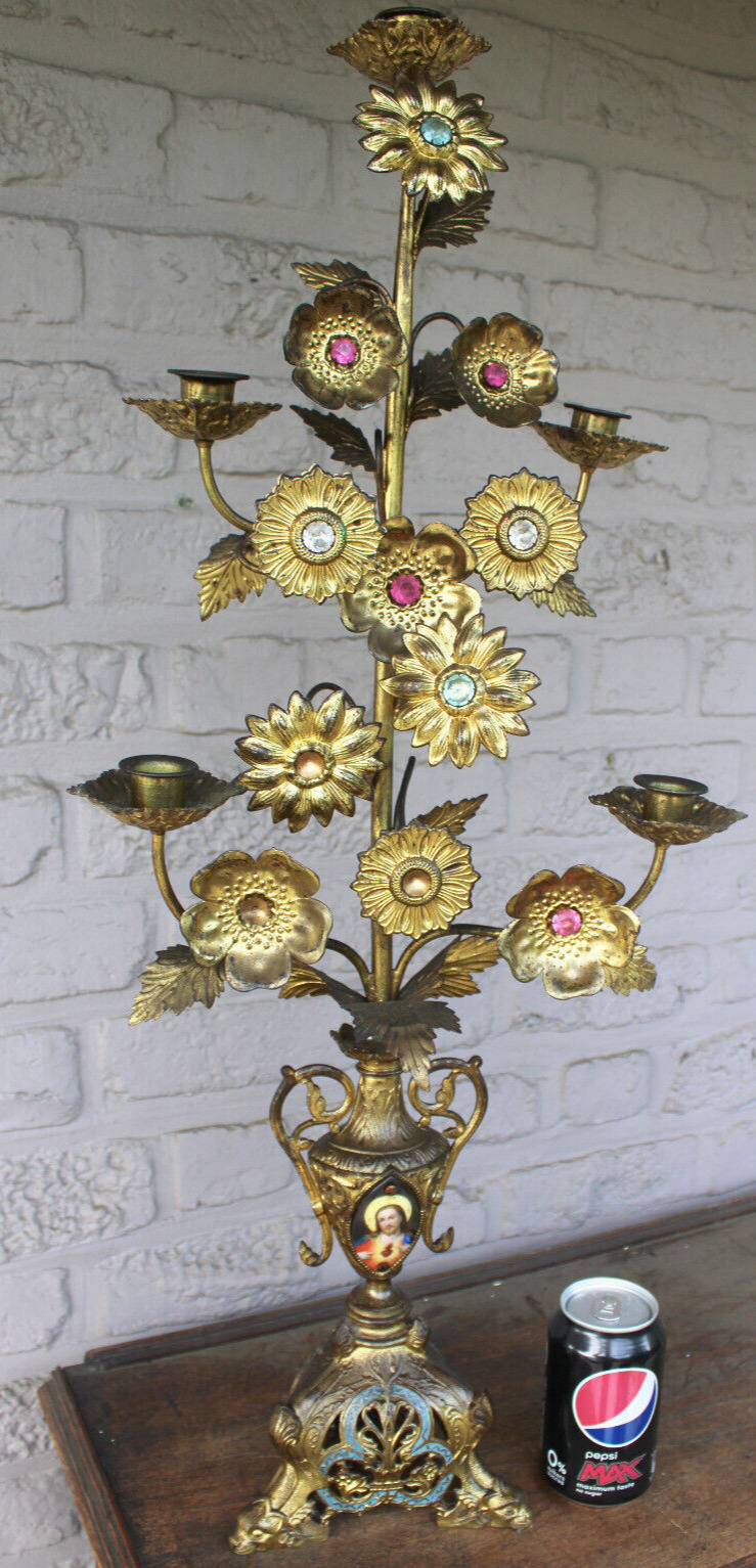 XXL antique church altar candelabra candle holder enamel dragon paws porcelain 