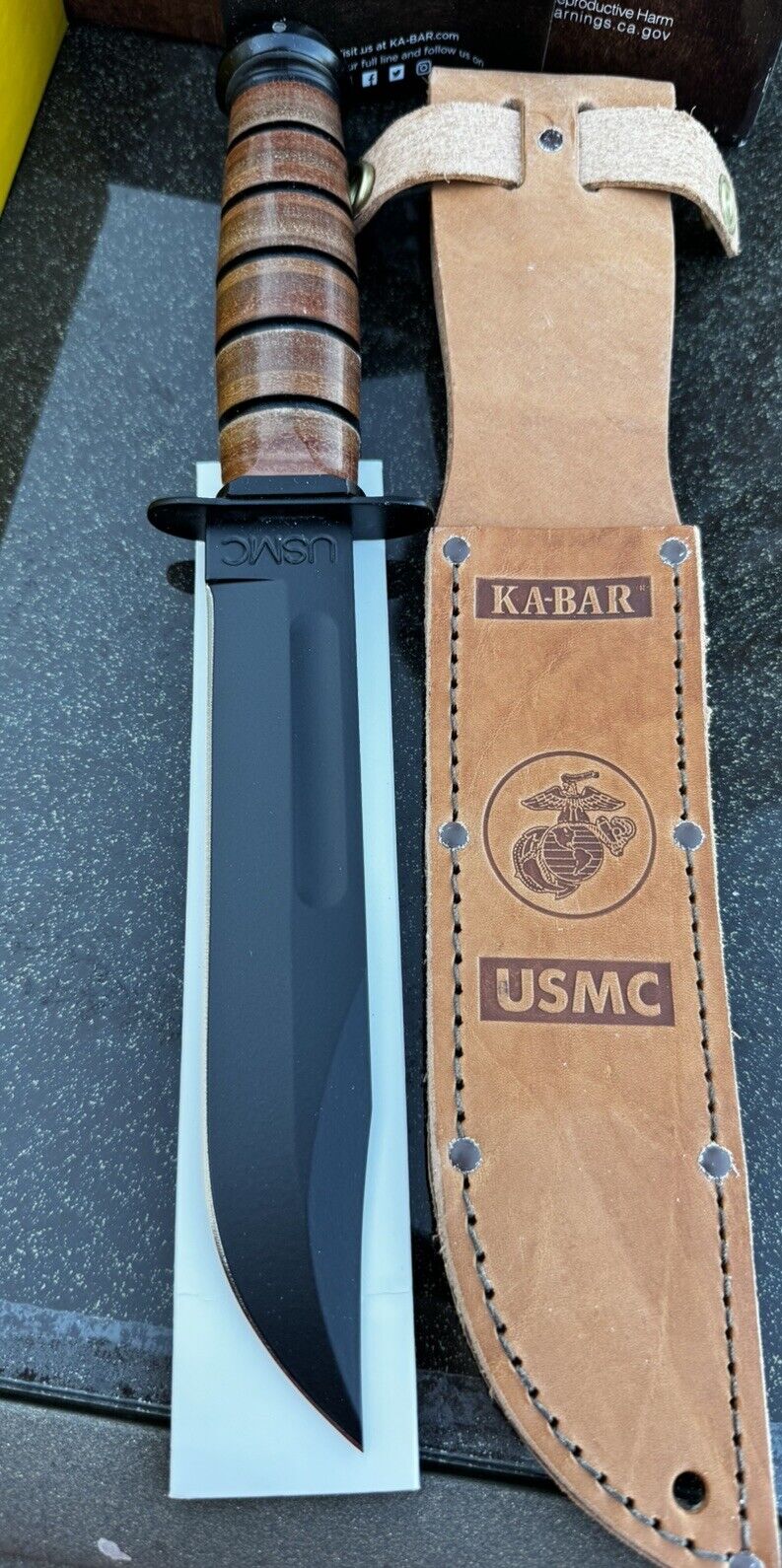 KaBar 1217 Fighting/Utility Knife USMC Leather Sheath Sharp Edge Made In USA/ab
