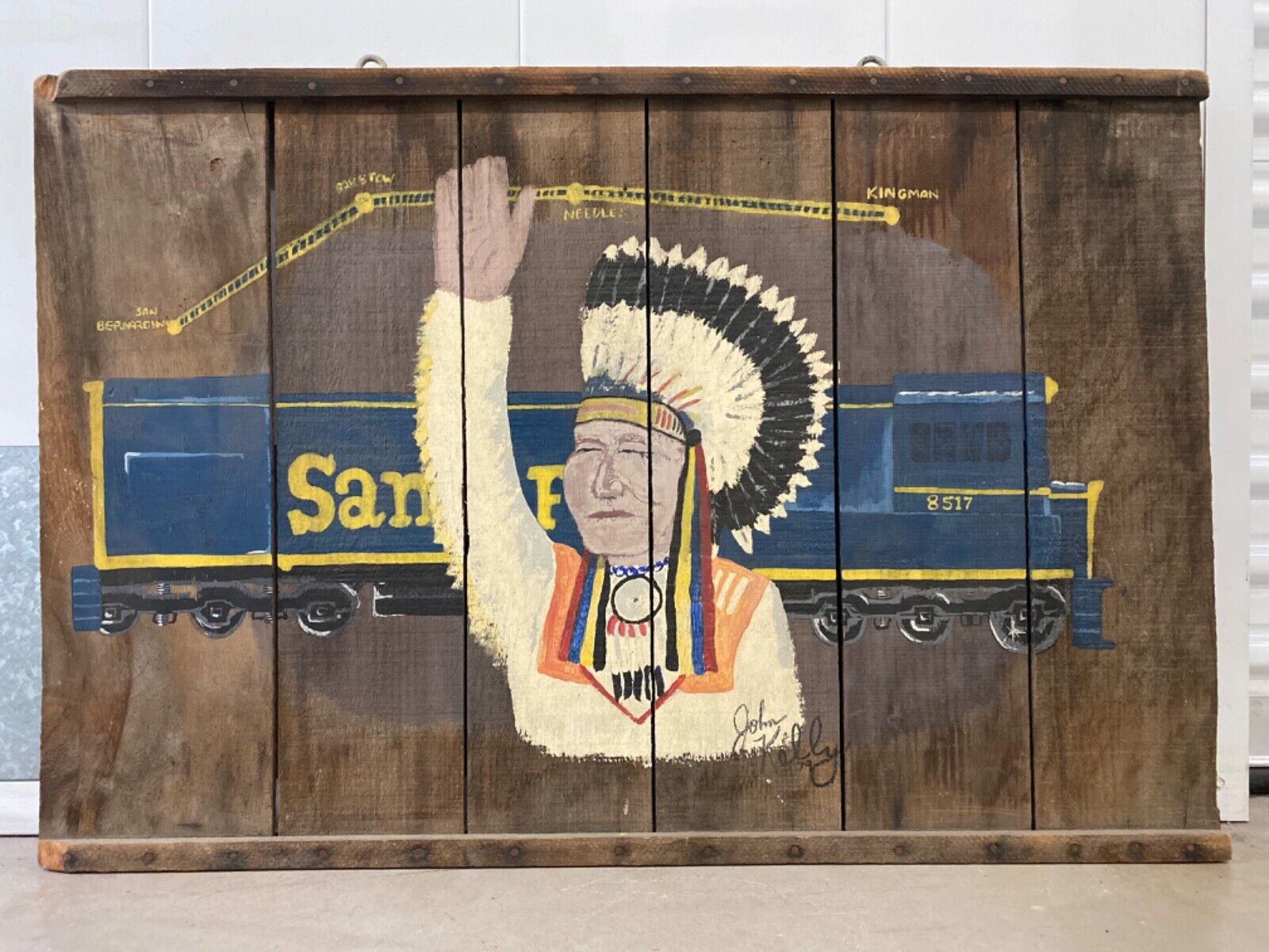 🔥 Vintage Old Primitive Native American Santa Fe Railroad Folk Art Painted Sign