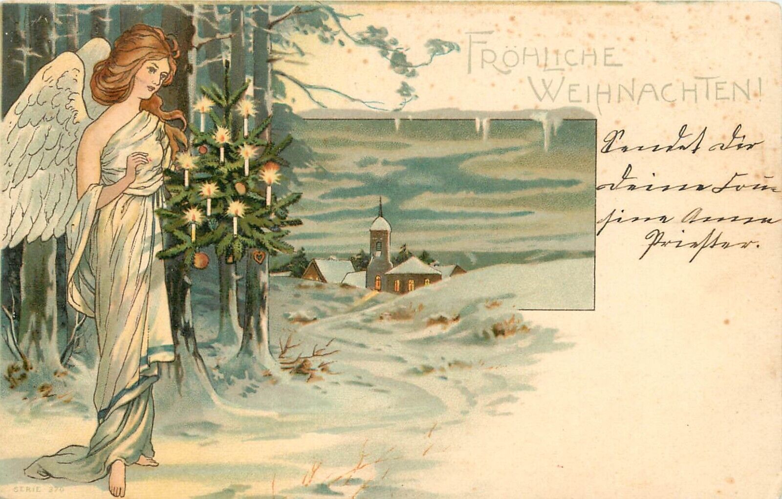 1905 German Christmas Postcard Weihnachten Angel in Toga w/Xmas Tree, Snowy Town