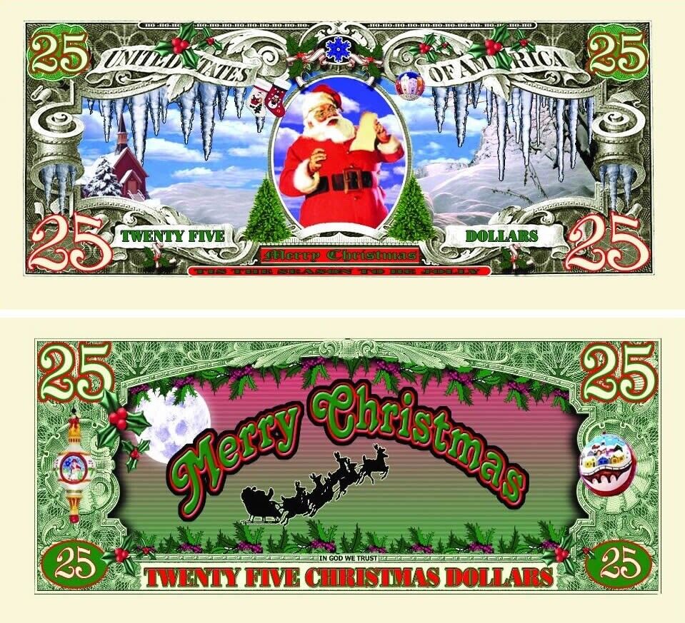 ✅ Merry Christmas Holiday Dollars 25 Pack Collectible Novelty Money Notes ✅