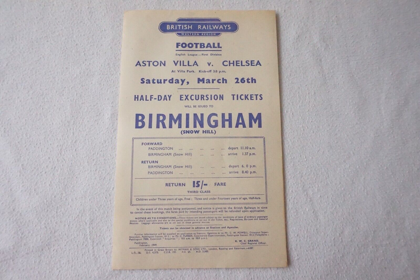 1949 Aston Villa v Chelsea Football Match Railway Handbill Timetable