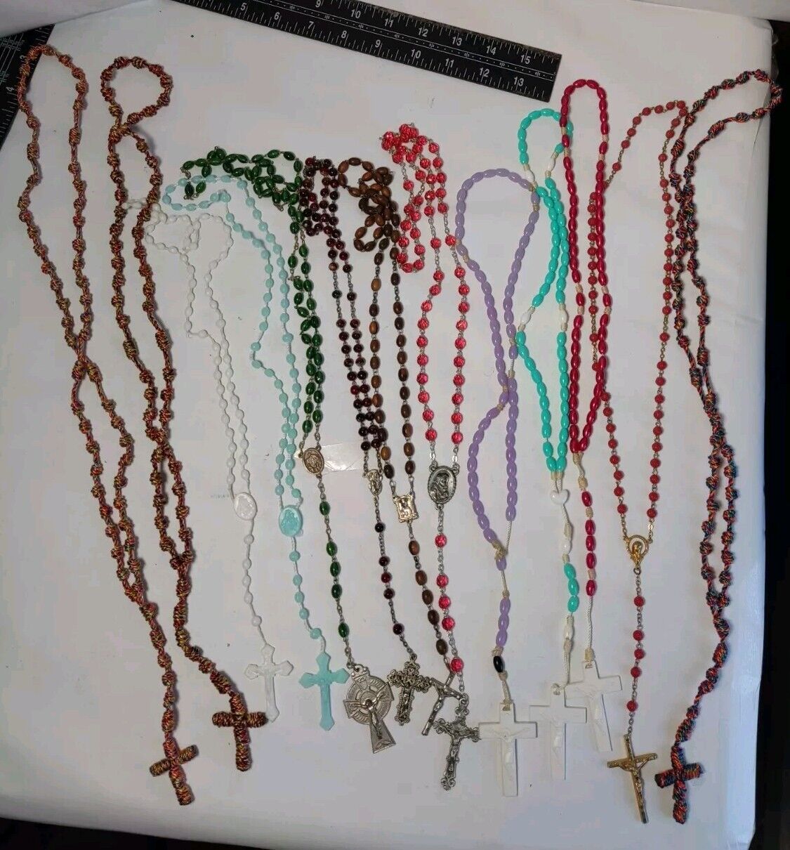 Vintage Lot Of 13 Catholic Rosaries W/Crucifixes Various Lengths And Materials