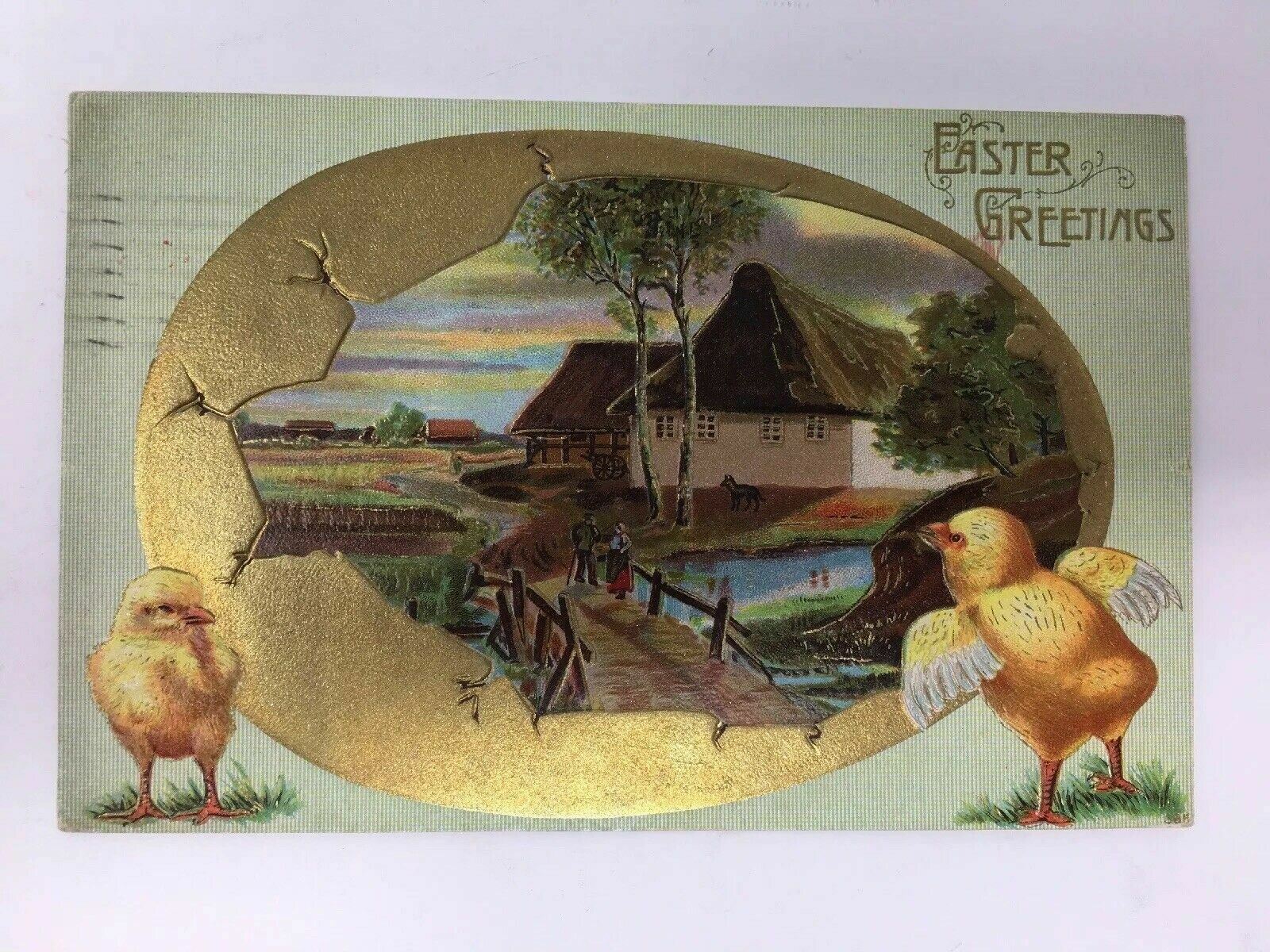 c. 1911 Easter Greetings Postcard Chicks Gold Cracked Egg Bridge Embossed 