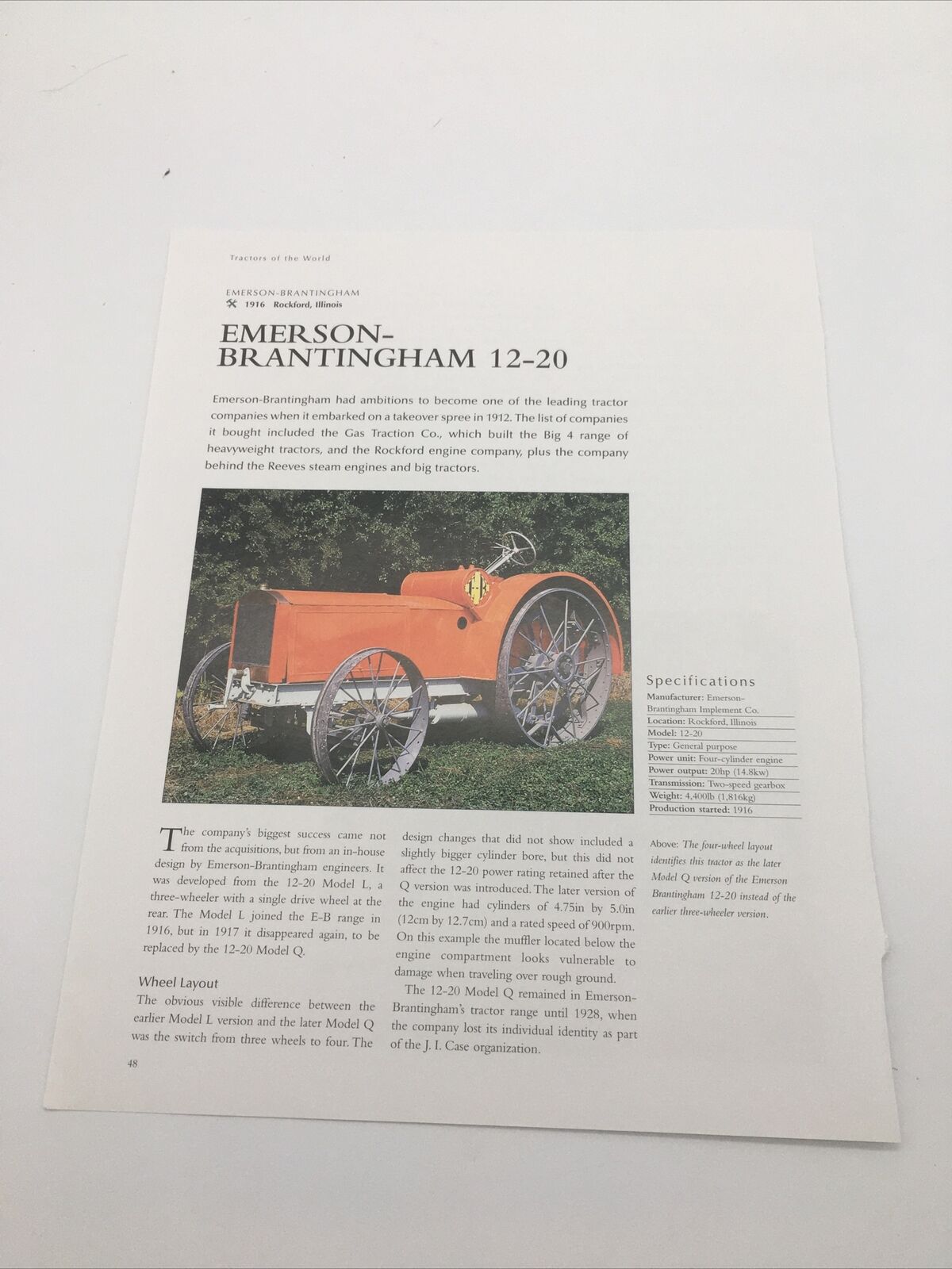 Emerson-Brantingham 12-20 Vintage Tractor Frameable Article Pics Specs Display