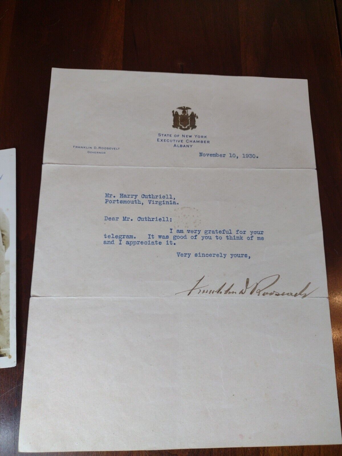 Franklin D Roosevelt Autograph Signed Letter President Governor New York FDR