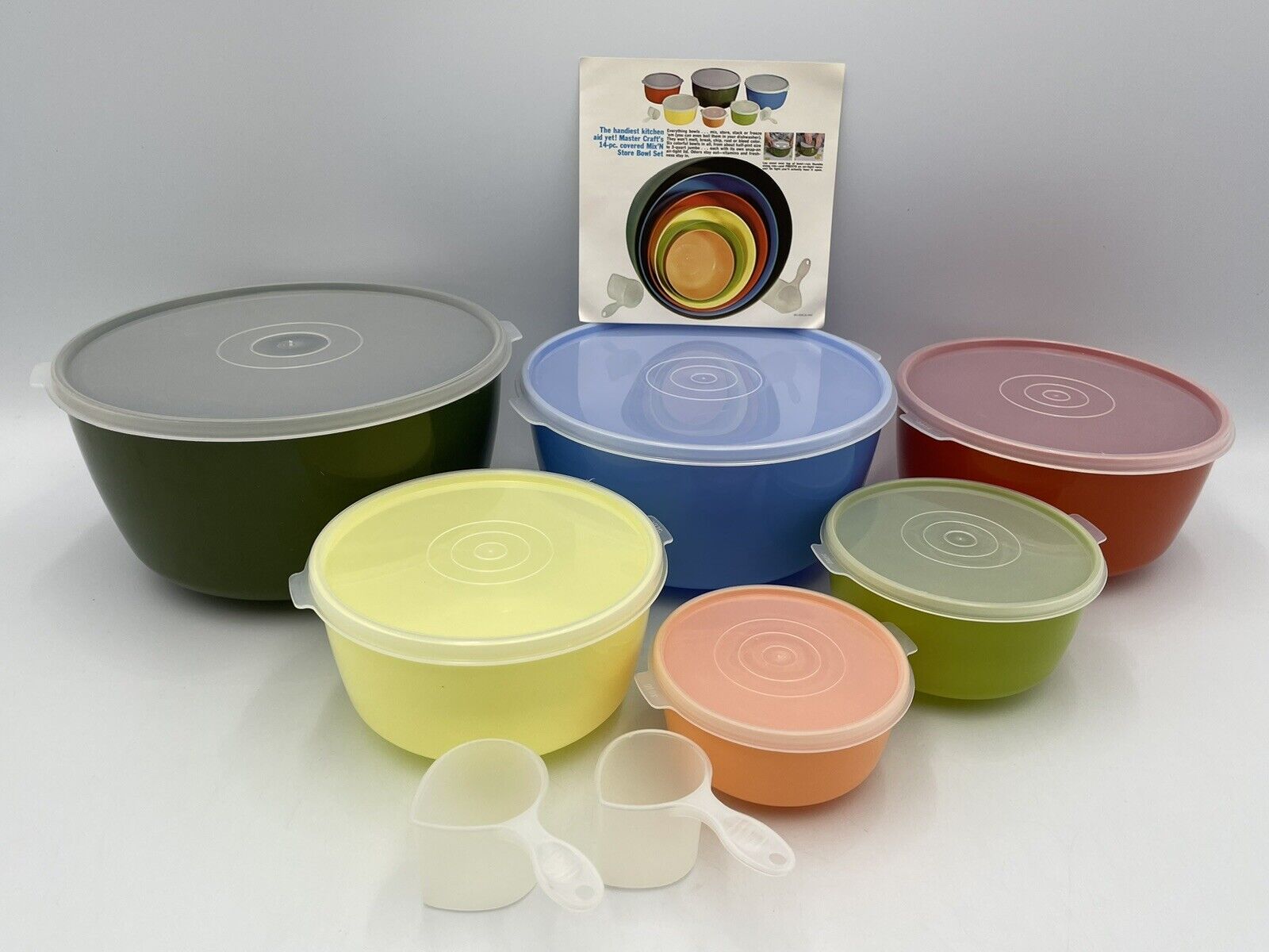 Vintage 14 Pc. Plastic Mix ‘n Store Bowl Set Master Craft Multicolor 60s/70s NOS