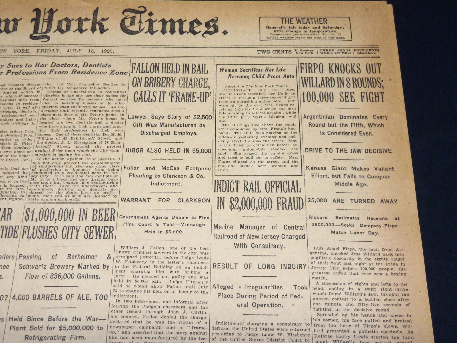 1923 JULY 13 NEW YORK TIMES - FIRPO KNOCKS OUT WILLARD IN 8 ROUNDS - NT 7746