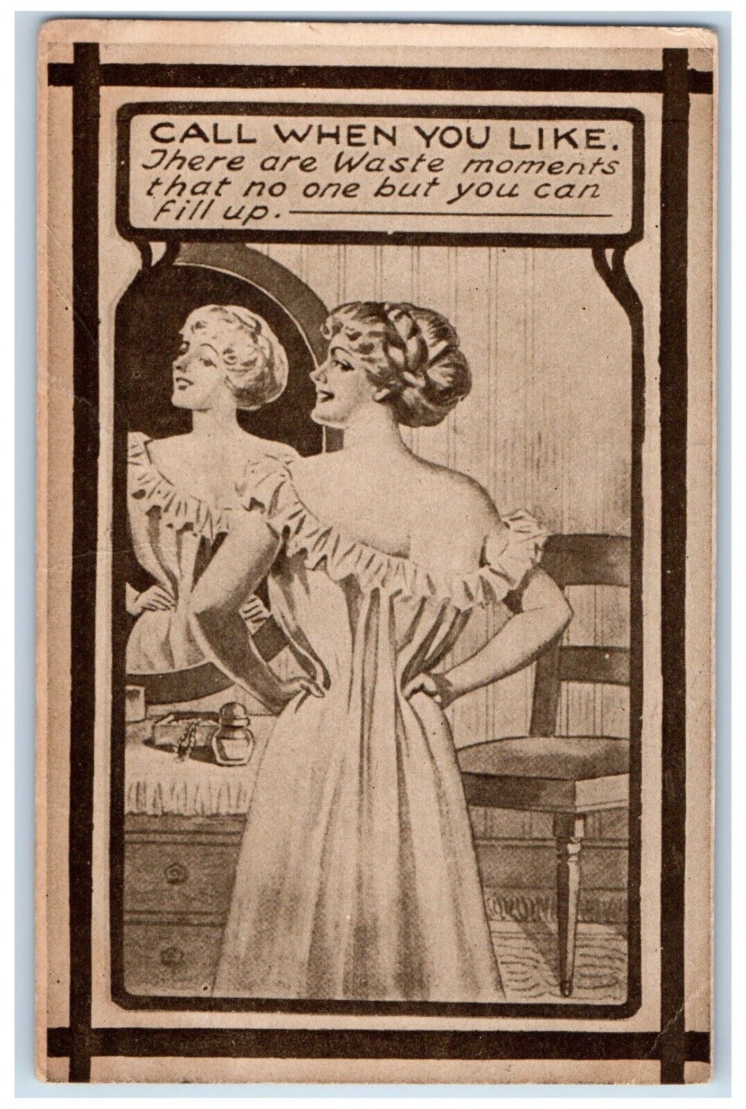 c1910's Beautiful Girl Facing Mirror Romantic Posted Antique Postcard