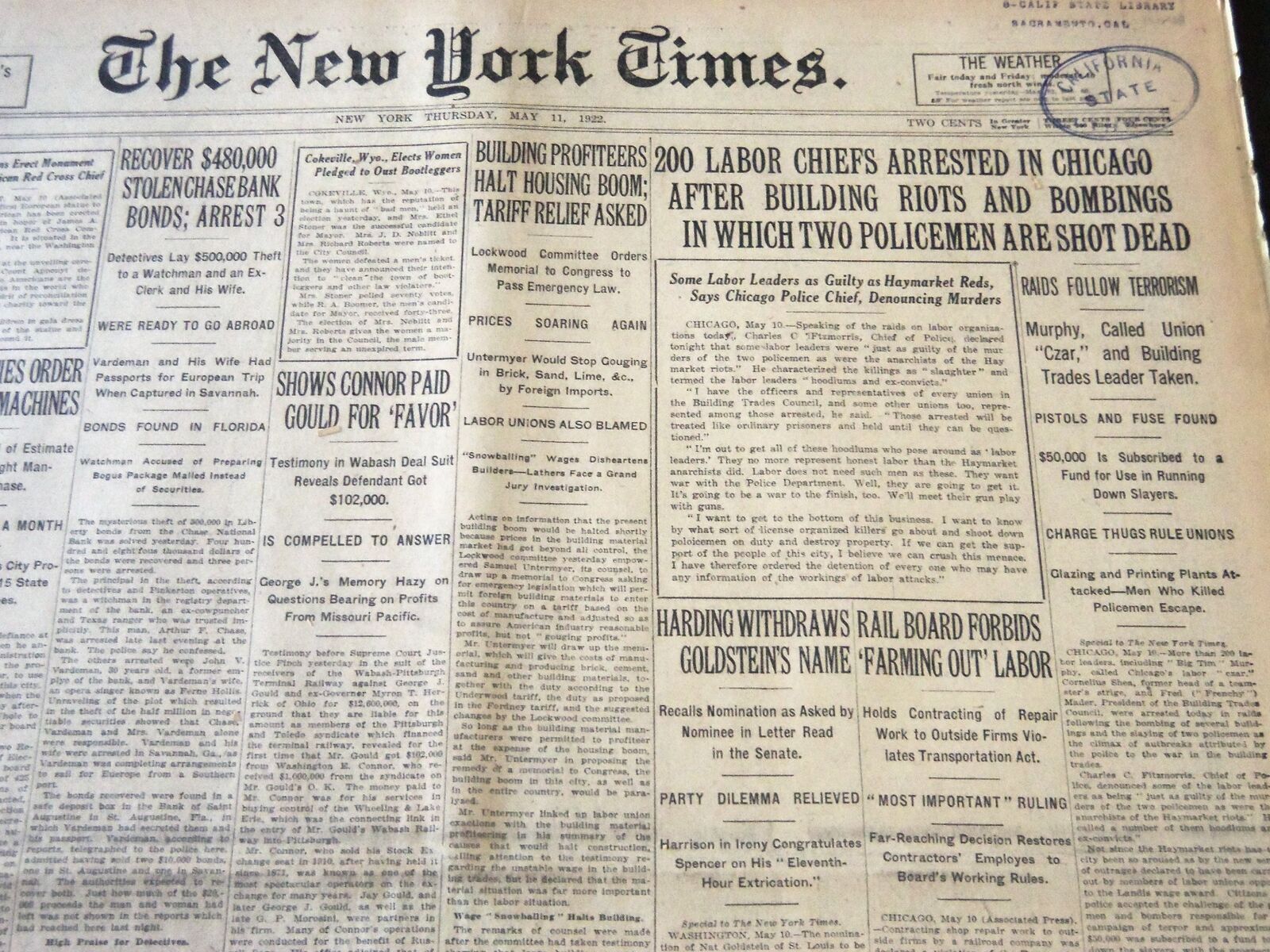 1922 MAY 11 NEW YORK TIMES - 200 LABOR CHIEFS ARRESTED IN CHICAGO - NT 5822