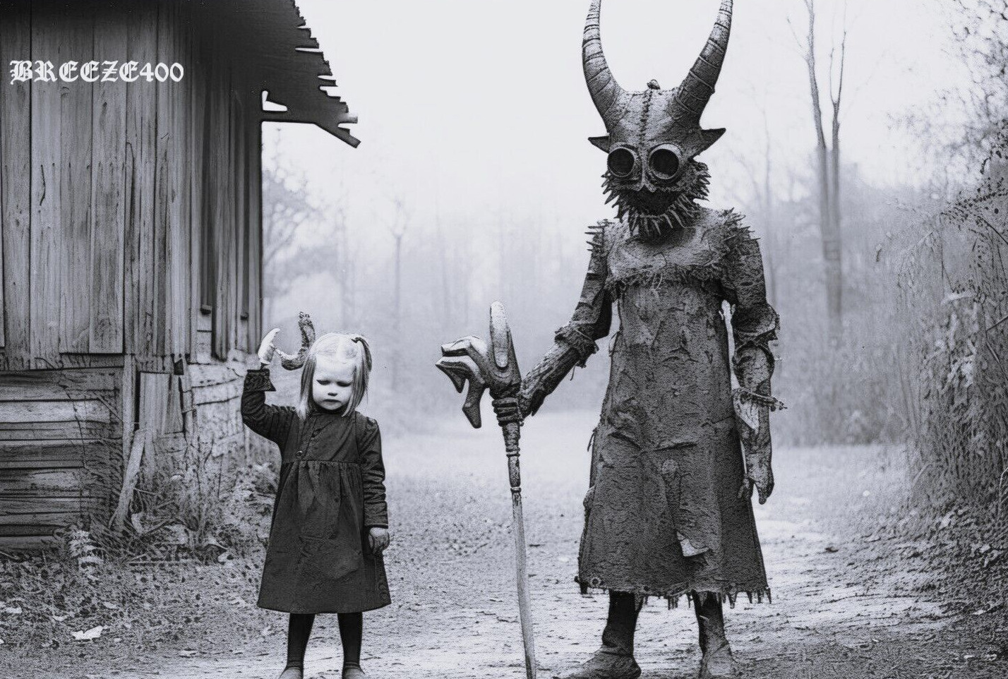 Vintage Halloween Photo/VERY CREEPY DEVIL WITH YOUNG CHILD/4X6 B&W Photo Rpt.