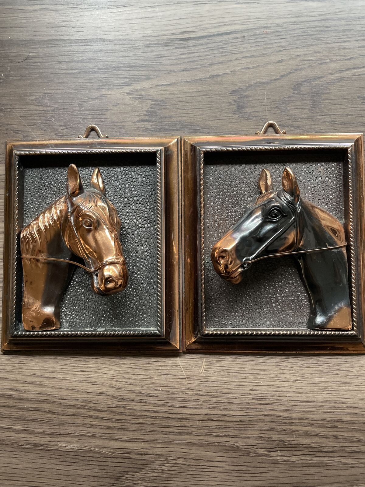 Copper Equestrian Horse Head In Relief 3D Miniature Vint. METAL Framed ART  RARE