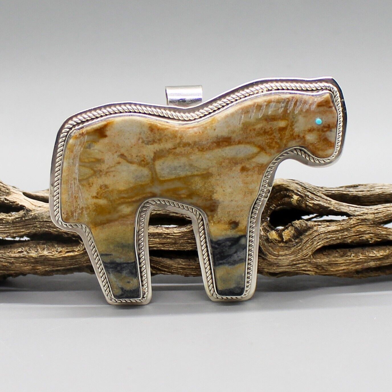 NAVAJO-LARGE STERLING SILVER & PICASSO MARBLE HORSE PENDANT by MARVIN PINTO