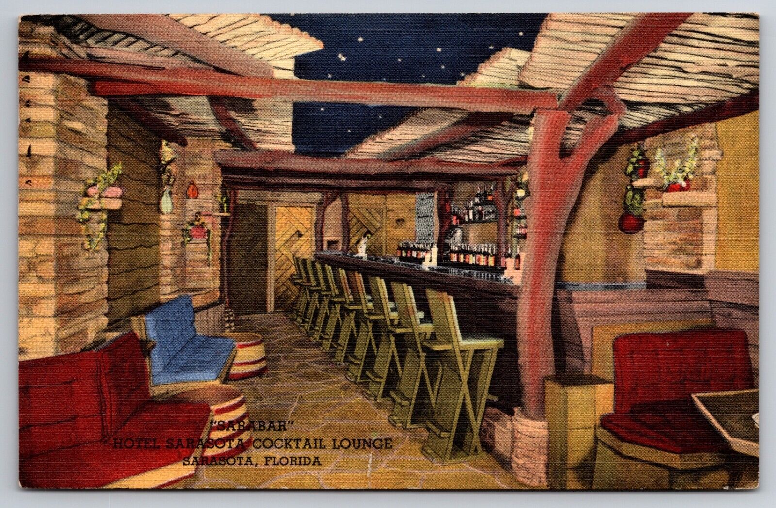 The Sarabar Cocktail Lounge Hotel Sarasota Florida Linen 1948 Postcard